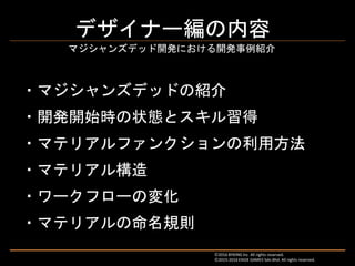 デザイナー編の内容
・マジシャンズデッドの紹介
・開発開始時の状態とスキル習得
・マテリアルファンクションの利用方法
・マテリアル構造
・ワークフローの変化
・マテリアルの命名規則
マジシャンズデッド開発における開発事例紹介
Ⓒ2016 BYKING Inc. All rights reserved.
Ⓒ2015-2016 EXIGE GAMES Sdn.Bhd. All rights reserved.
 
