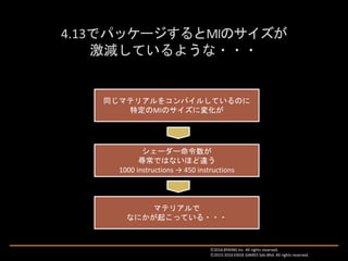 同じマテリアルをコンパイルしているのに
特定のMIのサイズに変化が
シェーダー命令数が
尋常ではないほど違う
1000 instructions → 450 instructions
マテリアルで
なにかが起こっている・・・
Ⓒ2016 BYKING Inc. All rights reserved.
Ⓒ2015-2016 EXIGE GAMES Sdn.Bhd. All rights reserved.
 