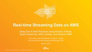 © 2016, Amazon Web Services, Inc. or its Affiliates. All rights reserved.
Harry Koch / Michael Willemse - Philips IT - Digital
Guy Ernest, Business DevelopmentManager,AWS
May 24, 2016
Real-time Streaming Data on AWS
Deep Dive & Best Practices Using Amazon Kinesis,
Spark Streaming, AWS Lambda, and Amazon EMR
 