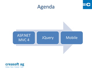 Agenda




                       ASP.NET
                                         JQuery   Mobile
                        MVC 4




Software: Planen. Entwickeln. Testen.
 