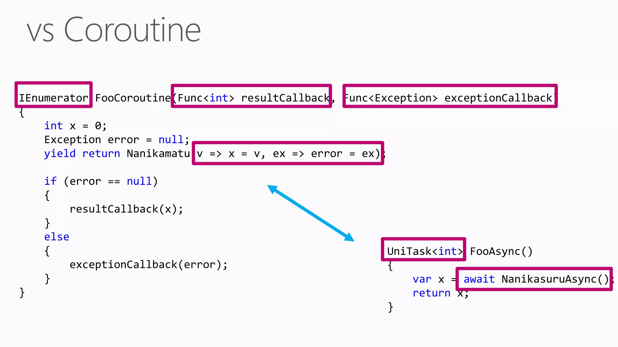 IEnumerator FooCoroutine(Func<int> resultCallback, Func<Exception> exceptionCallback)
{
int x = 0;
Exception error = null;
yield return Nanikamatu(v => x = v, ex => error = ex);
if (error == null)
{
resultCallback(x);
}
else
{
exceptionCallback(error);
}
}
UniTask<int> FooAsync()
{
var x = await NanikasuruAsync();
return x;
}
 