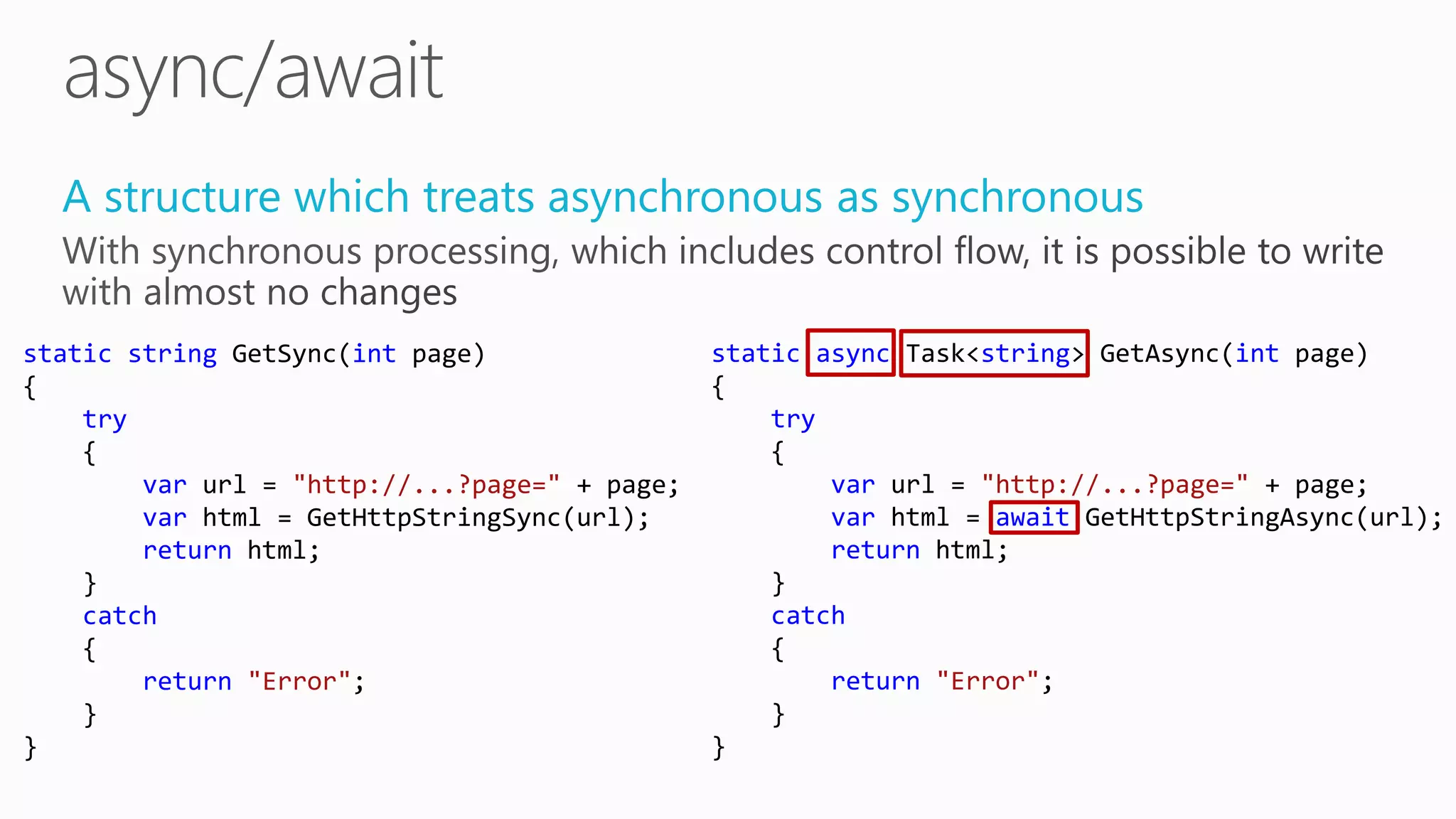 A structure which treats asynchronous as synchronous
static string GetSync(int page)
{
try
{
var url = "http://...?page=" + page;
var html = GetHttpStringSync(url);
return html;
}
catch
{
return "Error";
}
}
static async Task<string> GetAsync(int page)
{
try
{
var url = "http://...?page=" + page;
var html = await GetHttpStringAsync(url);
return html;
}
catch
{
return "Error";
}
}
 