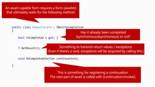 public class MyAwaiter<T> : INotifyCompletion
{
bool IsCompleted { get; }
T GetResult();
void OnCompleted(Action continuation);
}
 