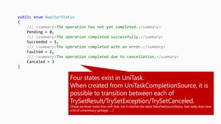 public enum AwaiterStatus
{
/// <summary>The operation has not yet completed.</summary>
Pending = 0,
/// <summary>The operation completed successfully.</summary>
Succeeded = 1,
/// <summary>The operation completed with an error.</summary>
Faulted = 2,
/// <summary>The operation completed due to cancellation.</summary>
Canceled = 3
}
 