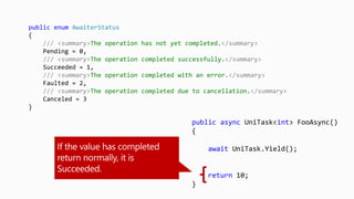 public async UniTask<int> FooAsync()
{
await UniTask.Yield();
return 10;
}
public enum AwaiterStatus
{
/// <summary>The operation has not yet completed.</summary>
Pending = 0,
/// <summary>The operation completed successfully.</summary>
Succeeded = 1,
/// <summary>The operation completed with an error.</summary>
Faulted = 2,
/// <summary>The operation completed due to cancellation.</summary>
Canceled = 3
}
 
