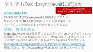 Absoutely No
C# 5.0(.NET 4.5)でasync/awaitを実装するにあたり、
既にある構造(.NET 4.0 Task)を流用するのが早かった
そもそも広く使われるまで分からないこともある
結果、負債もある
midori(MicrosoftのC#風言語によるマネージドOSプロジェクト)での
非同期モデルでの考察においても、Taskに関しては特にパフォーマ
ンス面で(OSみたいなシビアなものを作るには)後悔されている
http://joeduffyblog.com/2015/11/19/asynchronous-everything/
現在のC#は、それをValueTaskの独自進化で返済していってる
 