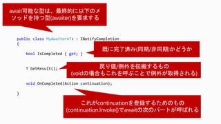 public class MyAwaiter<T> : INotifyCompletion
{
bool IsCompleted { get; }
T GetResult();
void OnCompleted(Action continuation);
}
 