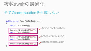 全てのcontinuationを生成しない
public async Task FooBarBazAsync()
{
await Task.Yield();
Console.WriteLine("foo");
await Task.Yield();
Console.WriteLine(“bar");
await Task.Yield();
Console.WriteLine("baz");
}
 