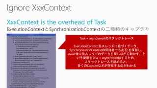 XxxContext is the overhead of Task
ExecutionContextとSynchronizationContextの二種類のキャプチャ
 