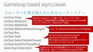 コルーチンを置き換えるためのユーティリティ
UniTask.Delay
UniTask.WaitUntil
UniTask.WaitWhile
UniTask.WaitUntilValueChanged
UniTask.Run
UniTask.Yield
UniTask.SwitchToMainThread
UniTask.SwitchToThreadPool
await AsyncOperation
 
