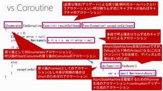 IEnumerator FooCoroutine(Func<int> resultCallback, Func<Exception> exceptionCallback)
{
int x = 0;
Exception error = null;
yield return Nanikamatu(v => x = v, ex => error = ex);
if (error == null)
{
resultCallback(x);
}
else
{
exceptionCallback(error);
}
}
UniTask<int> FooAsync()
{
var x = await NanikasuruAsync();
return x;
}
 