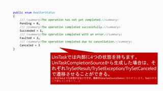 public enum AwaiterStatus
{
/// <summary>The operation has not yet completed.</summary>
Pending = 0,
/// <summary>The operation completed successfully.</summary>
Succeeded = 1,
/// <summary>The operation completed with an error.</summary>
Faulted = 2,
/// <summary>The operation completed due to cancellation.</summary>
Canceled = 3
}
ValueTaskSourceStatusに合わせています。Taskは本当
に不要なゴミが多くて……)
 