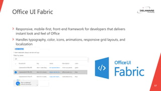 Office UI Fabric
17
› Responsive, mobile-first, front-end framework for developers that delivers
instant look and feel of Office
› Handles typography, color, icons, animations, responsive grid layouts, and
localization
 