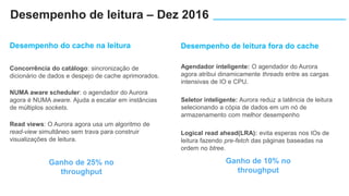 Desempenho do cache na leitura
Concorrência do catálogo: sincronização de
dicionário de dados e despejo de cache aprimorados.
NUMA aware scheduler: o agendador do Aurora
agora é NUMA aware. Ajuda a escalar em instâncias
de múltiplos sockets.
Read views: O Aurora agora usa um algoritmo de
read-view simultâneo sem trava para construir
visualizações de leitura.
Ganho de 25% no
throughput
Agendador inteligente: O agendador do Aurora
agora atribui dinamicamente threads entre as cargas
intensivas de IO e CPU.
Seletor inteligente: Aurora reduz a latência de leitura
selecionando a cópia de dados em um nó de
armazenamento com melhor desempenho
Logical read ahead(LRA): evita esperas nos IOs de
leitura fazendo pre-fetch das páginas baseadas na
ordem no btree.
Ganho de 10% no
throughput
Desempenho de leitura fora do cache
Desempenho de leitura – Dez 2016
 
