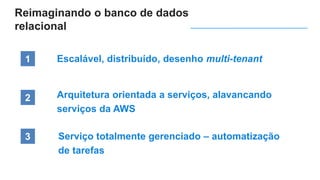 Serviço totalmente gerenciado – automatização
de tarefas
1
2
3
Escalável, distribuído, desenho multi-tenant
Arquitetura orientada a serviços, alavancando
serviços da AWS
Reimaginando o banco de dados
relacional
 