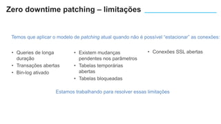 • Existem mudanças
pendentes nos parâmetros
• Tabelas temporárias
abertas
• Tabelas bloqueadas
Temos que aplicar o modelo de patching atual quando não é possível “estacionar” as conexões:
• Queries de longa
duração
• Transações abertas
• Bin-log ativado
• Conexões SSL abertas
Estamos trabalhando para resolver essas limitações
Zero downtime patching – limitações
 