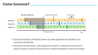 Segment snapshot Log records
Rewind Point
Segment 1
Segment 2
Segment 3
Time
 Executa snapshots periódicos dentro de cada segmento em paralelo e os
armazena localmente
 No tempo de retrocesso, cada segmento escolhe o snapshot local anterior e
aplica os log ao snapshot para produzir o estado desejado do banco de dados
Storage Segments
Como funciona?
 