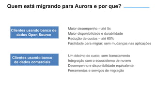 Clientes usando banco
de dados comerciais
Clientes usando banco de
dados Open Source
Maior desempenho – até 5x
Maior disponibilidade e durabilidade
Redução de custos – até 60%
Facilidade para migrar; sem mudanças nas aplicações
Um décimo do custo; sem licenciamento
Integração com o ecossistema de nuvem
Desempenho e disponibilidade equivalente
Ferramentas e serviços de migração
Quem está migrando para Aurora e por que?
 