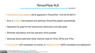 The author of this material is Julien Simon https://www.linkedin.com/in/juliensimon unless explicitly mentioned.
This material is shared under the CC BY-NC 4.0 license https://creativecommons.org/licenses/by-nc/4.0/
You are free to share and adapt this material, provided that you give appropriate credit, provide a link to the license, and indicate if changes were made.
You may not use the material for commercial purposes. You may not apply any restriction on what the license permits.
TensorFlow XLA
https://developers.googleblog.com/2017/03/xla-tensorflow-compiled.html (03/2017)
• Accelerated Linear Algebra (XLA) appeared in TensorFlow 1.0.0-rc0 (01/2017)
• XLA: a compiler that analyzes and optimizes TensorFlow graphs automatically
• Specialize the graph for the actual tensor dimensions and data types
• Eliminate redundancy and fuse operators when possible
• Generate device-optimized native machine code for CPUs, GPUs and TPUs
• "Just in time" (JIT) compilation at runtime, or "Ahead of time" (AOT) compilation pre-deployment
 
