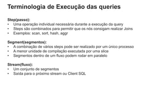 Terminologia de Execução das queries
Step(passo):
• Uma operação individual necessária durante a execução da query
• Steps são combinados para permitir que os nós consigam realizar Joins
• Exemplos: scan, sort, hash, aggr
Segment(segmentos):
• A combinação de vários steps pode ser realizado por um único processo
• A menor unidade de compilação executada por uma slice
• Segmentos dentro de um fluxo podem rodar em paralelo
Stream(fluxo):
• Um conjunto de segmentos
• Saída para o próximo stream ou Client SQL
 