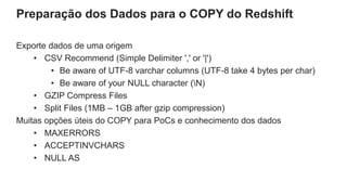 Preparação dos Dados para o COPY do Redshift
Exporte dados de uma origem
• CSV Recommend (Simple Delimiter ',' or '|')
• Be aware of UTF-8 varchar columns (UTF-8 take 4 bytes per char)
• Be aware of your NULL character (N)
• GZIP Compress Files
• Split Files (1MB – 1GB after gzip compression)
Muitas opções úteis do COPY para PoCs e conhecimento dos dados
• MAXERRORS
• ACCEPTINVCHARS
• NULL AS
 