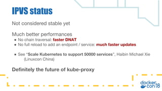 Not considered stable yet
Much better performances
● No chain traversal: faster DNAT
● No full reload to add an endpoint /...
