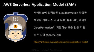 © 2018, Amazon Web Services, Inc. or Its Affiliates. All rights reserved.
AWS Serverless Application Model (SAM)
서버리스에 최적화된 CloudFormation 확장판
새로운 서버리스 자원 유형: 함수, API, 테이블
CloudFormation이 지원하는 모든 것을 지원
오픈 사양 (Apache 2.0)
https://github.com/awslabs/serverless-application-model
 