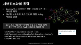 © 2018, Amazon Web Services, Inc. or Its Affiliates. All rights reserved.
서버리스와의 통합
• Lambda에서 지원하는 모든 언어에 대한 수신
요청을 처리
• SDK를 사용하여 모든 언어에 대한 X-Ray
데몬을 실행
var AWSXRay = require(‘aws-xray-sdk-core‘);
AWSXRay.middleware.setSamplingRules(‘sampling-rules.json’);
var AWS = AWSXRay.captureAWS(require(‘aws-sdk’));
S3Client = AWS.S3();
Lambda는 개별 함수에 대해 콘솔 또는 API를 통해
선택하면 AWS X-Ray를 자동으로 활성화 함
 