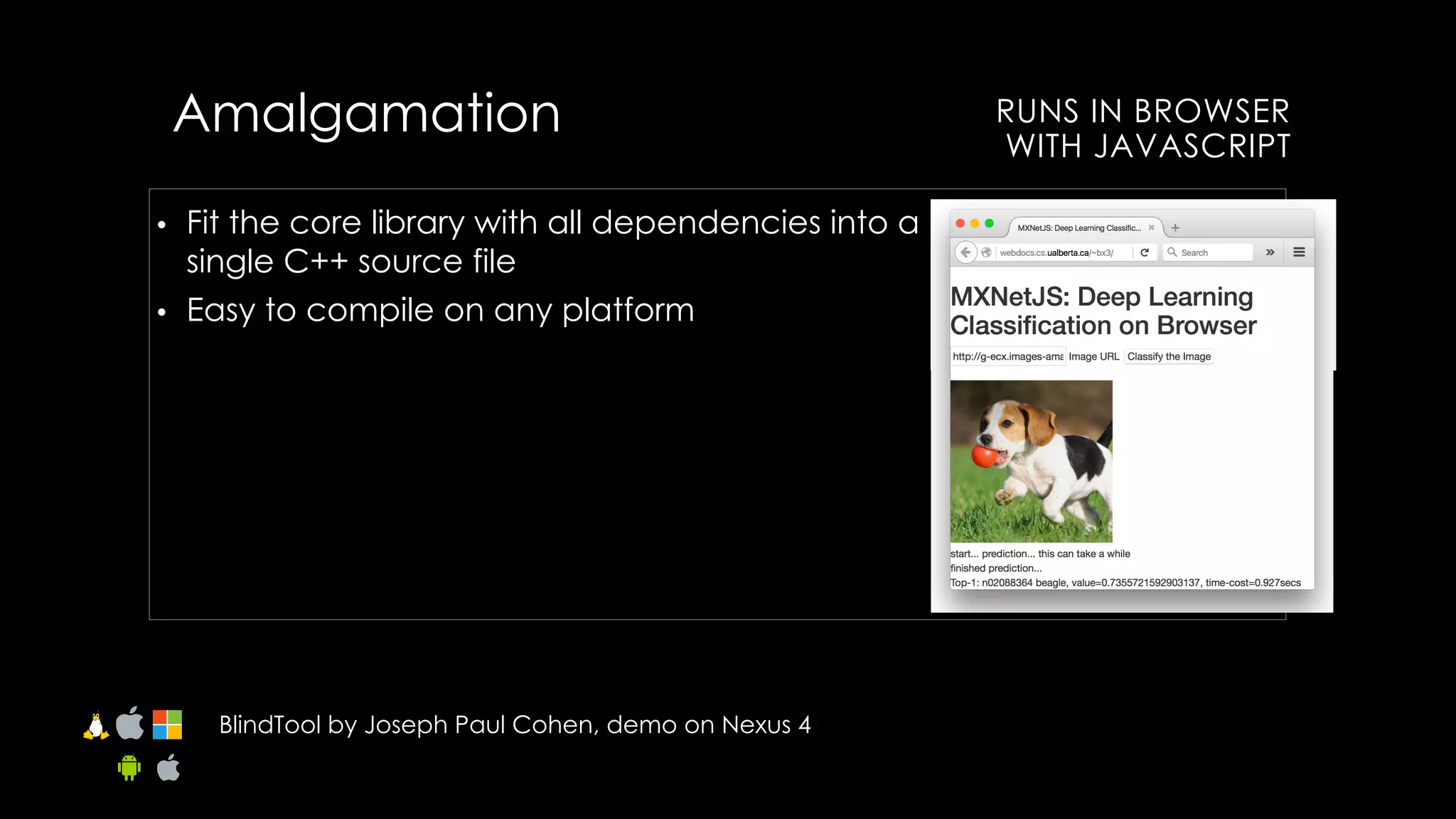 • Fit the core library with all dependencies into a
single C++ source file
• Easy to compile on any platform
Amalgamation
BlindTool by Joseph Paul Cohen, demo on Nexus 4
RUNS IN BROWSER
WITH JAVASCRIPT
 