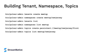 Building Tenant, Namespace, Topics
bin/pulsar-admin tenants create meetup
bin/pulsar-admin namespaces create meetup/newjersey
bin/pulsar-admin tenants list
bin/pulsar-admin namespaces list meetup
bin/pulsar-admin topics create persistent://meetup/newjersey/first
bin/pulsar-admin topics list meetup/newjersey
 