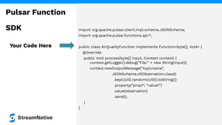 import org.apache.pulsar.client.impl.schema.JSONSchema;
import org.apache.pulsar.functions.api.*;
public class AirQualityFunction implements Function<byte[], Void> {
@Override
public Void process(byte[] input, Context context) {
context.getLogger().debug("File:” + new String(input));
context.newOutputMessage(“topicname”,
JSONSchema.of(Observation.class))
.key(UUID.randomUUID().toString())
.property(“prop1”, “value1”)
.value(observation)
.send();
}
}
Your Code Here
Pulsar Function
SDK
 