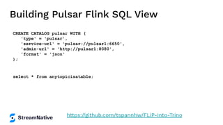 Building Pulsar Flink SQL View
CREATE CATALOG pulsar WITH (
'type' = 'pulsar',
'service-url' = 'pulsar://pulsar1:6650',
'admin-url' = 'http://pulsar1:8080',
'format' = 'json'
);
select * from anytopicisatable;
https://github.com/tspannhw/FLiP-Into-Trino
 