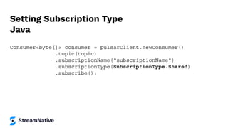 Setting Subscription Type
Java
Consumer<byte[]> consumer = pulsarClient.newConsumer()
.topic(topic)
.subscriptionName(“subscriptionName")
.subscriptionType(SubscriptionType.Shared)
.subscribe();
 
