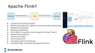 ● Uniﬁed computing engine
● Batch processing is a special case of stream processing
● Stateful processing
● Massive Scalability
● Flink SQL for queries, inserts against Pulsar Topics
● Streaming Analytics
● Continuous SQL
● Continuous ETL
● Complex Event Processing
● Standard SQL Powered by Apache Calcite
Apache Flink?
 