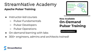 Apache Pulsar Training
● Instructor-led courses
○ Pulsar Fundamentals
○ Pulsar Developers
○ Pulsar Operations
● On-demand ...