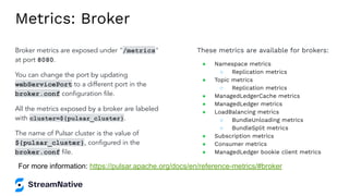 Metrics: Broker
Broker metrics are exposed under "/metrics"
at port 8080.
You can change the port by updating
webServicePo...