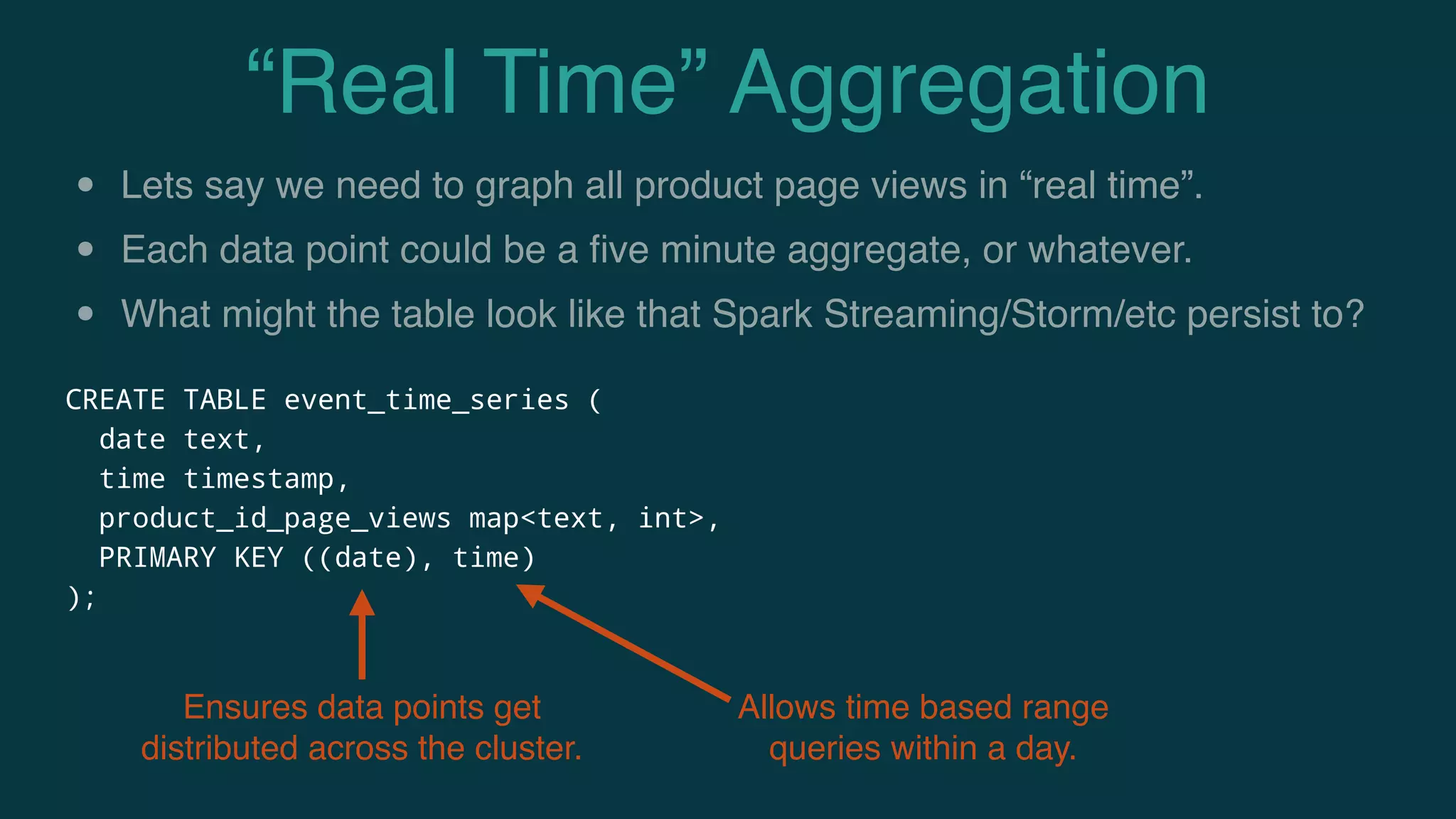 “Real Time” Aggregation
• Lets say we need to graph all product page views in “real time”.
• Each data point could be a ﬁve minute aggregate, or whatever.
• What might the table look like that Spark Streaming/Storm/etc persist to?
CREATE TABLE event_time_series (
date text,
time timestamp,
product_id_page_views map<text, int>,
PRIMARY KEY ((date), time)
);
Ensures data points get
distributed across the cluster.
Allows time based range
queries within a day.
 