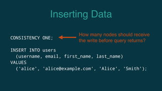 Inserting Data
CONSISTENCY ONE;
INSERT INTO users
(username, email, first_name, last_name)
VALUES
('alice', 'alice@example.com', 'Alice', 'Smith');
How many nodes should receive
the write before query returns?
 