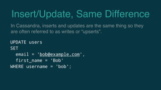 Insert/Update, Same Difference
UPDATE users
SET
email = 'bob@example.com',
first_name = 'Bob'
WHERE username = 'bob';
In Cassandra, inserts and updates are the same thing so they
are often referred to as writes or “upserts”.
 
