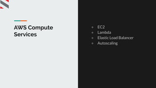 AWS Compute
Services
● EC2
● Lambda
● Elastic Load Balancer
● Autoscaling
 