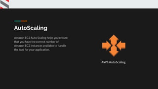 AutoScaling
Amazon EC2 Auto Scaling helps you ensure
that you have the correct number of
Amazon EC2 instances available to handle
the load for your application.
AWS AutoScaling
 