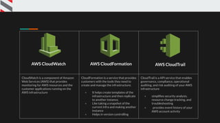 CloudWatch is a component of Amazon
Web Services (AWS) that provides
monitoring for AWS resources and the
customer applications running on the
AWS infrastructure
CloudFormation is a service that provides
customers with the tools they need to
create and manage the infrastructure.
● It helps create templates of the
infrastructure and then replicate
to another instance.
● Like taking a snapshot of the
current infra and making another
instance
● Helps in version controlling
CloudTrail is a API service that enables
governance, compliance, operational
auditing, and risk auditing of your AWS
infrastructure
● simpliﬁes security analysis,
resource change tracking, and
troubleshooting
● provides event history of your
AWS account activity
AWS CloudWatch AWS CloudFormation AWS CloudTrail
 