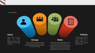 Policies
TO assign permissions to
a user, group, role or
resource, you create a
policy, which is a
document that explicitly
lists permissions
Users
Using IAM, you can
create and manage
users, and use
permissions to allow and
deny their access to AWS
resources
Groups
The users created, can also be divided
among groups, and then the rules and
policies that apply on the group, apply on
the suer level as well
Roles
An IAM role is an entity that define a set of
permissions for making AWS service
requests. IAM roles are not associated with
a specific user or group. Instead , trusted
entities assume roles, such as IAM users,
applications or AWS services such as EC2.
IAM - Components
 