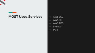 MOST Used Services ● AWS EC2
● AWS S3
● AWS RDS
● Lambda
● IAM
 