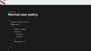 {
"Version": "2012-10-17",
"Statement": [
{
"Effect": "Allow",
"Action": [
"s3:Get*",
"s3:List*"
],
"Resource": "*"
}
]
}
Normal user policy
 