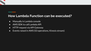 Example 2
● AWS Kinesis Gathers # tag trending data
● AWS lambda is triggered
● Data stored in database and later can be u...