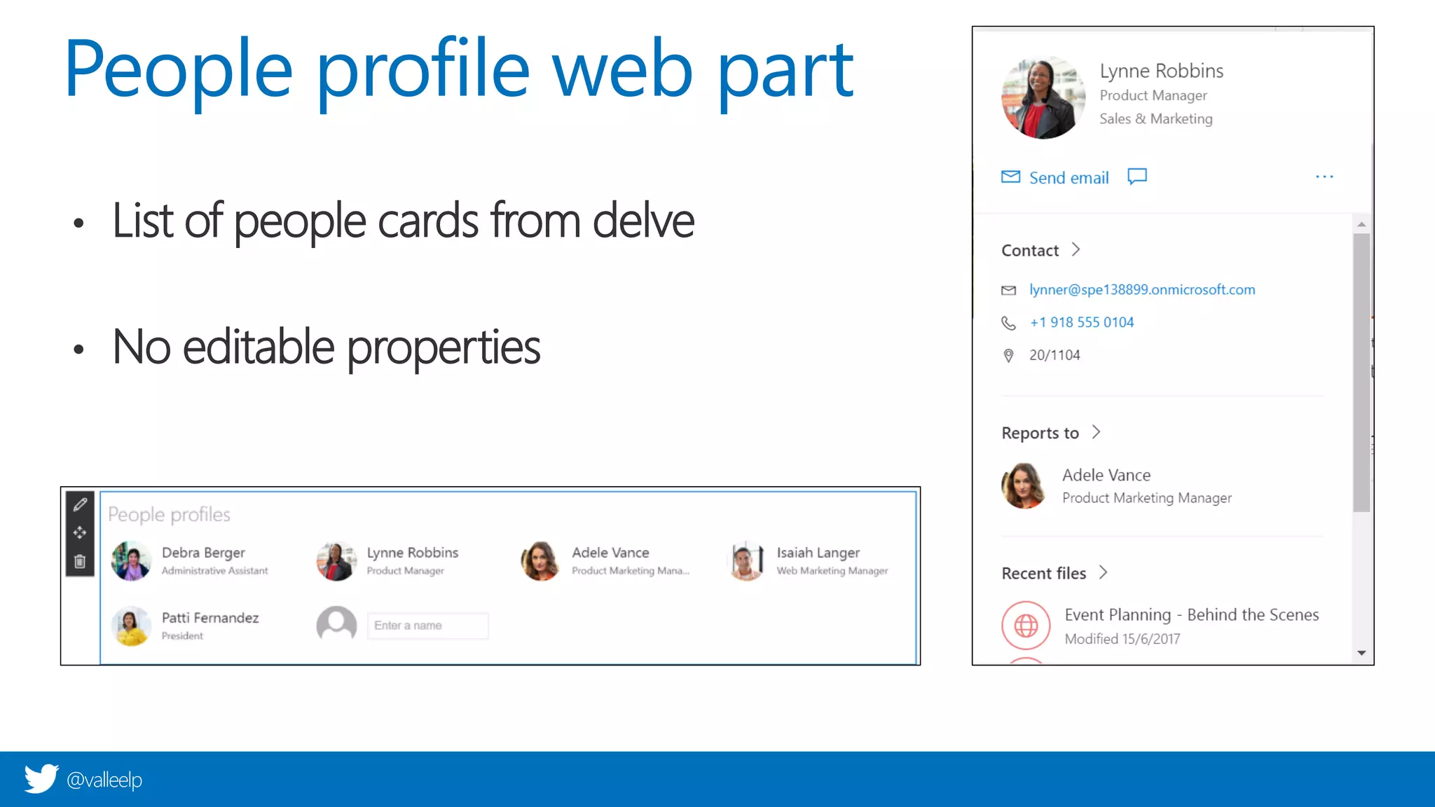 @valleelp
People profile web part
• List of people cards from delve
• No editable properties
 