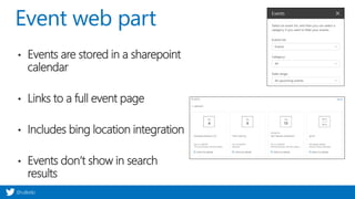 @valleelp
Event web part
• Events are stored in a sharepoint
calendar
• Links to a full event page
• Includes bing location integration
• Events don’t show in search
results
 