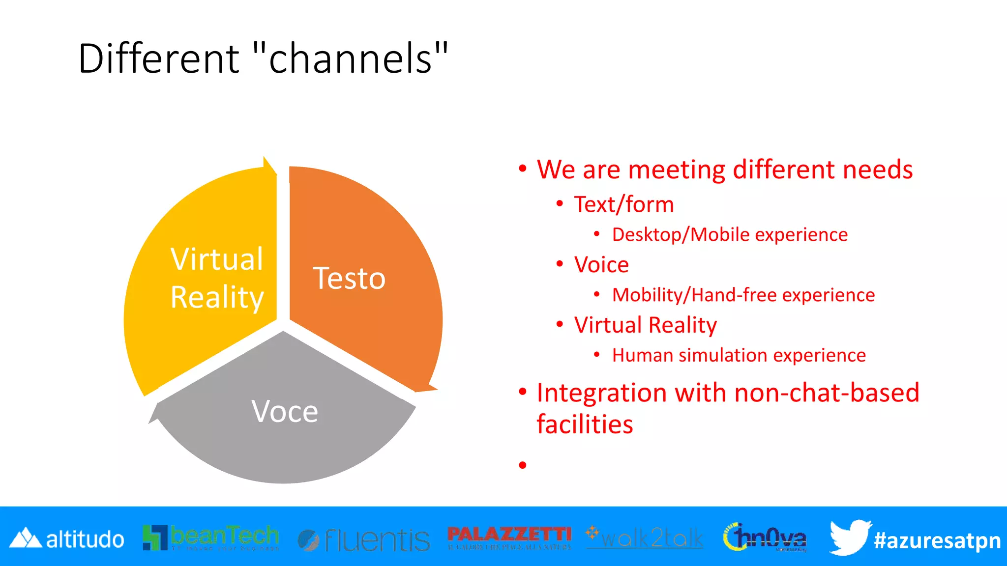 #azuresatpn
Different "channels"
Testo
Voce
Virtual
Reality
• We are meeting different needs
• Text/form
• Desktop/Mobile experience
• Voice
• Mobility/Hand-free experience
• Virtual Reality
• Human simulation experience
• Integration with non-chat-based
facilities
•
 