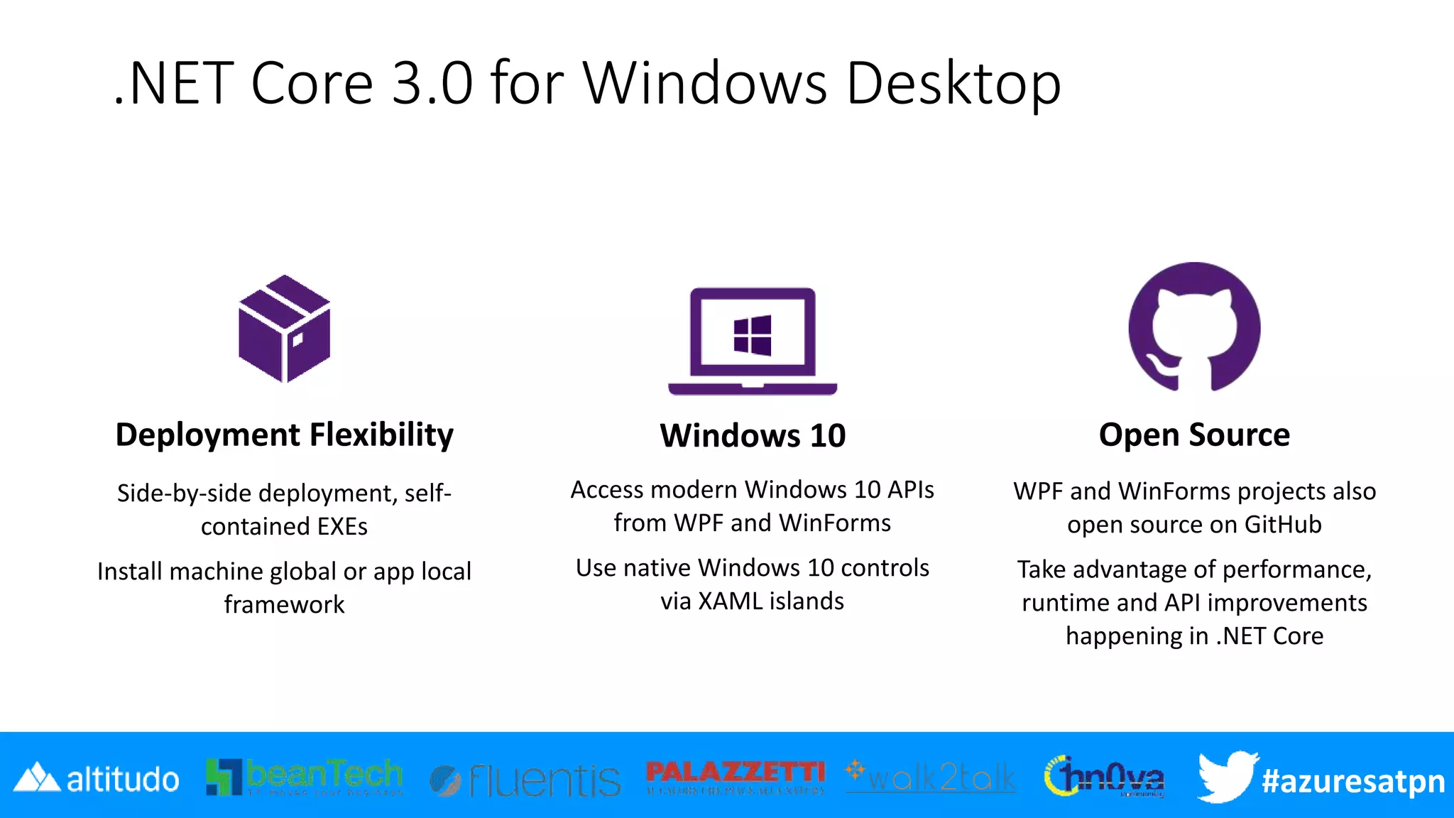 #azuresatpn
.NET Core 3.0 for Windows Desktop
Deployment Flexibility
Side-by-side deployment, self-
contained EXEs
Install machine global or app local
framework
Windows 10
Access modern Windows 10 APIs
from WPF and WinForms
Use native Windows 10 controls
via XAML islands
Open Source
WPF and WinForms projects also
open source on GitHub
Take advantage of performance,
runtime and API improvements
happening in .NET Core
 
